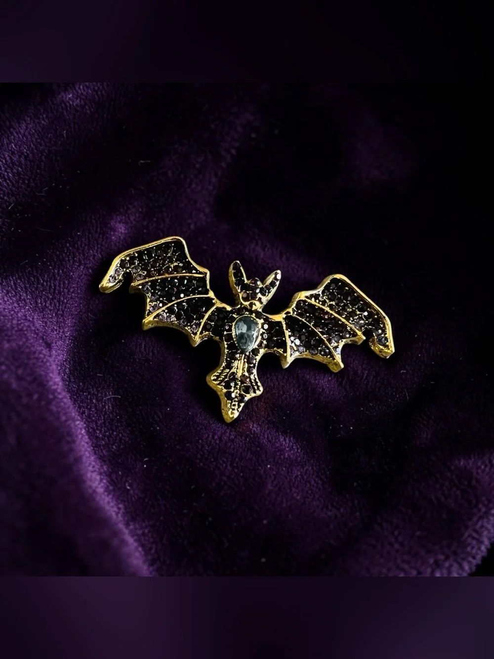 Eggplant and Lilac Rhinestone Gold Tone Bat Brooch